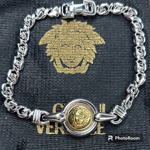 Versace Medusa Medallion Silver and Gold Tone Chain Link Bracelet (UNISEX)